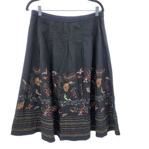 Vintage 90s Midi Skirt 12 Black Floral Embroidered Cotton A-line Full Boho